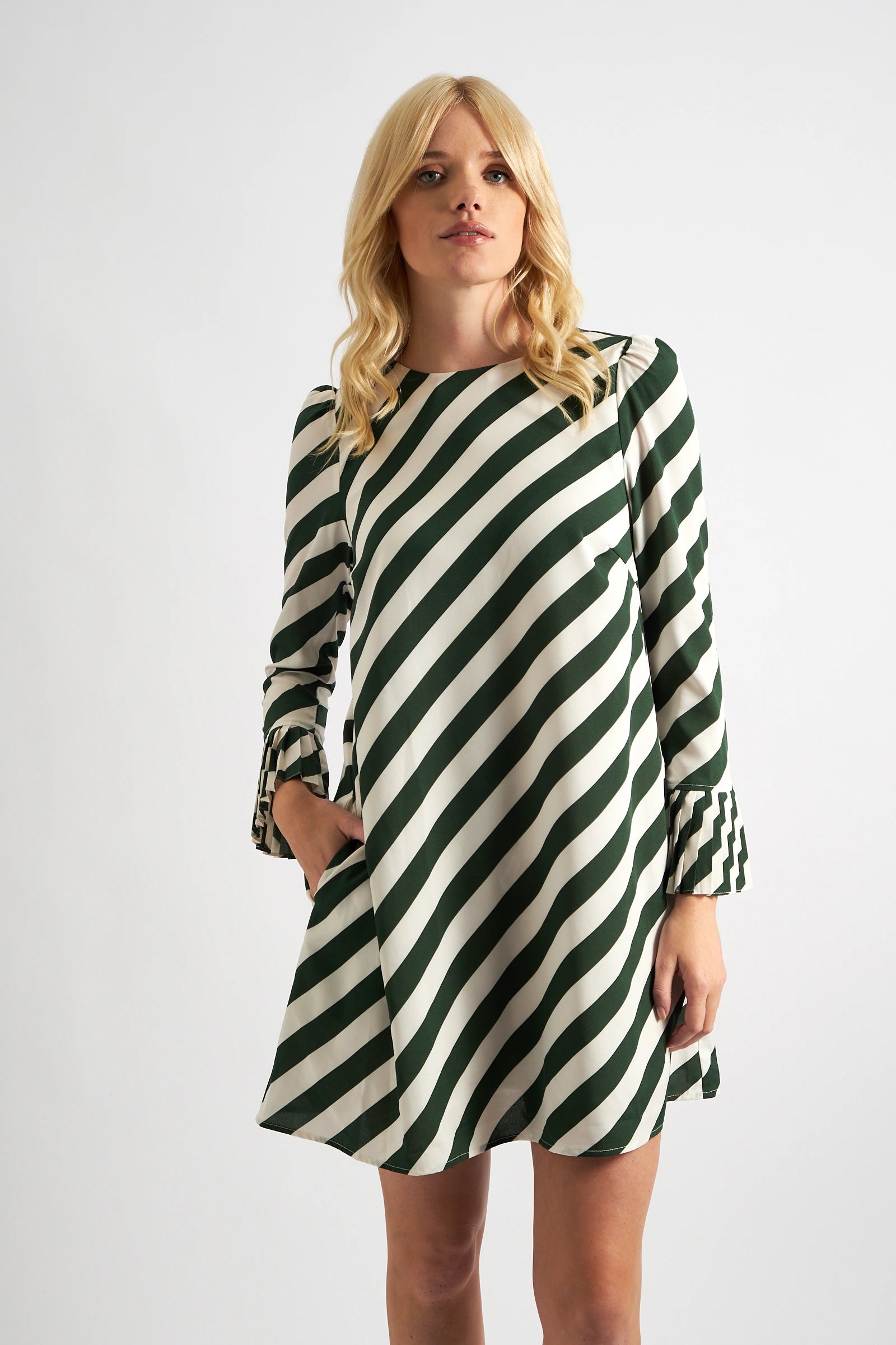 Megann Diagonal Lines Print Pleat Cuff Mini Dress Green JOY