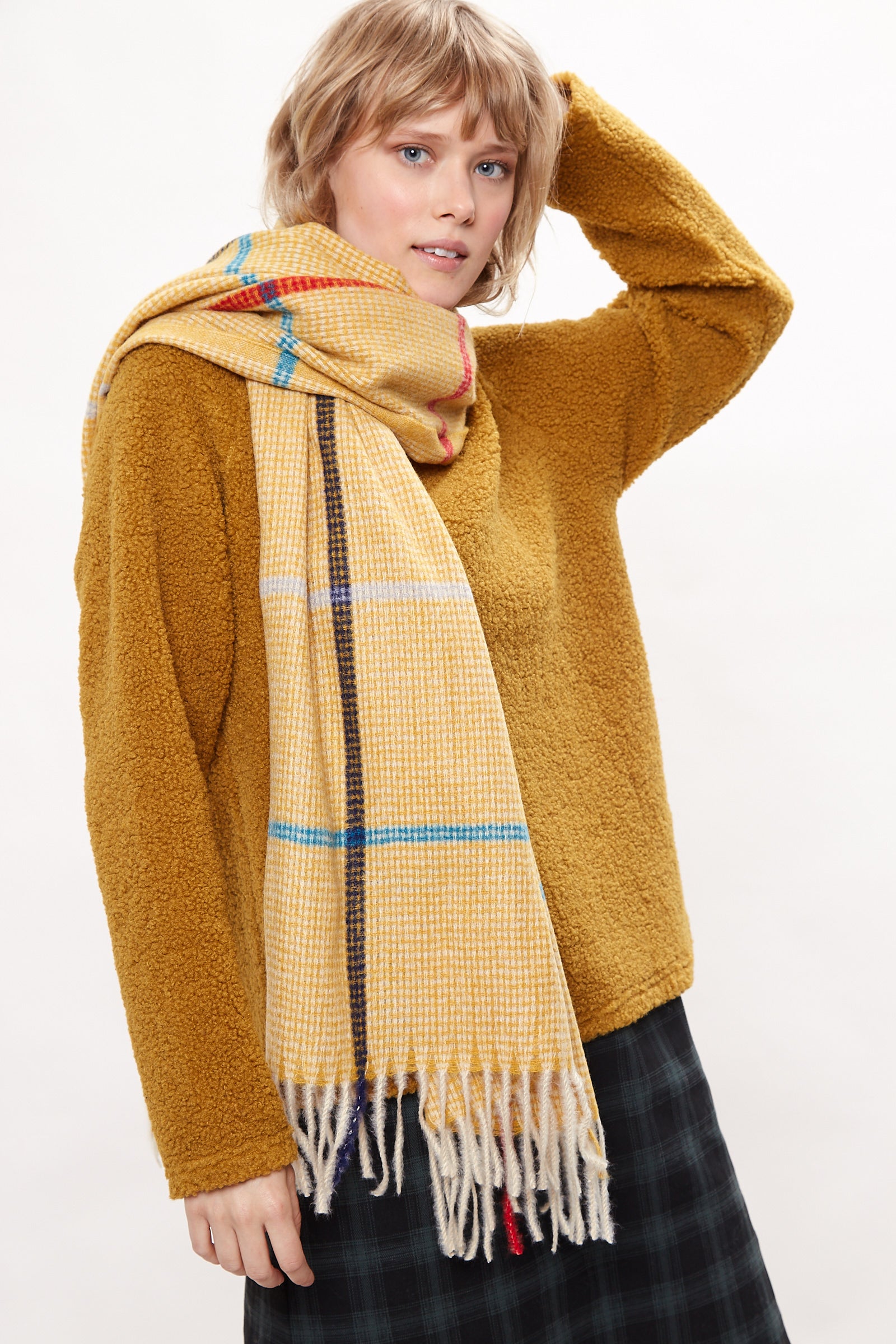 Mustard yellow best sale and navy scarf