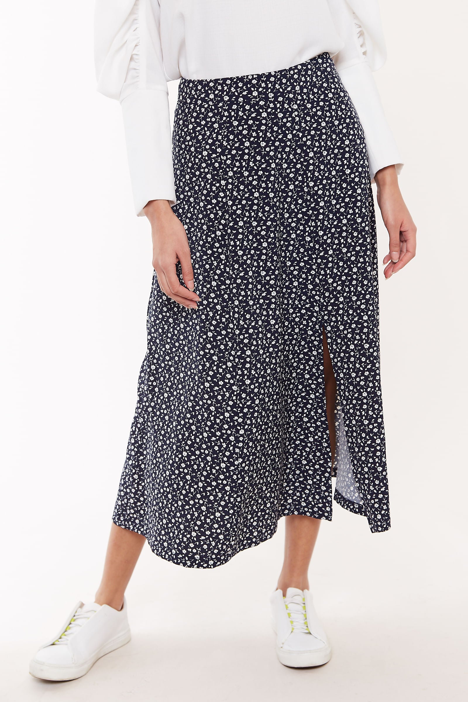 Louche Kiyo Forget Me Not Print Midi Skirt Navy