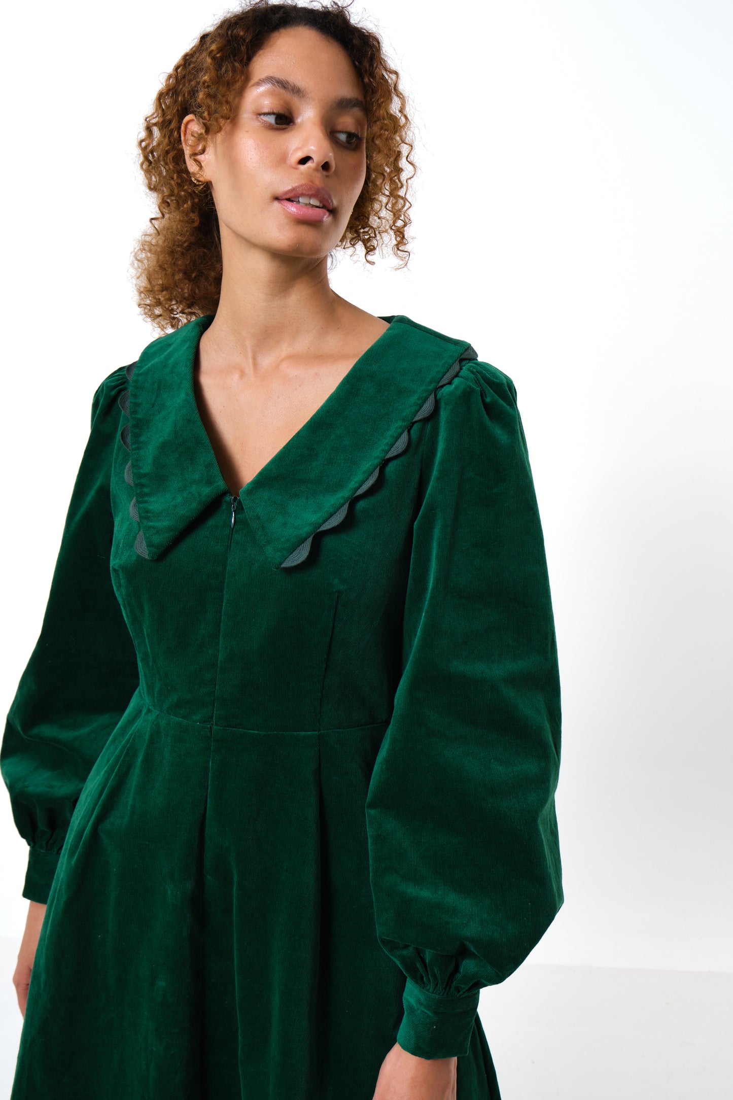 Alva Babycord Long Sleeve Midi Dress - Dark Green