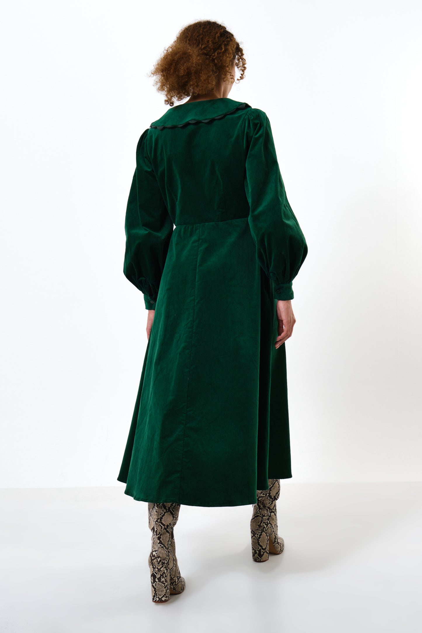 Alva Babycord Long Sleeve Midi Dress - Dark Green