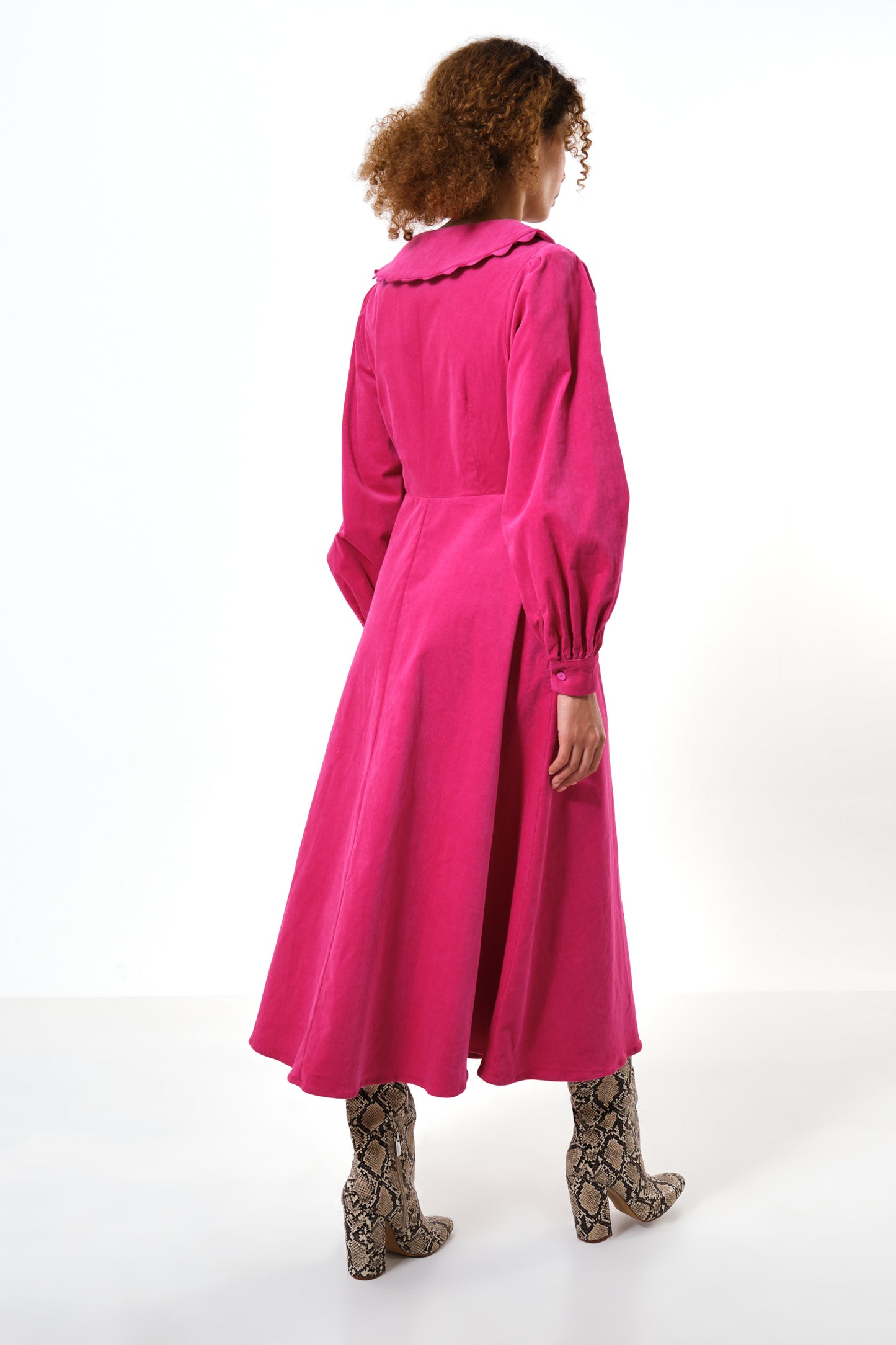 Alva Babycord Long Sleeve Midi Dress - Pink