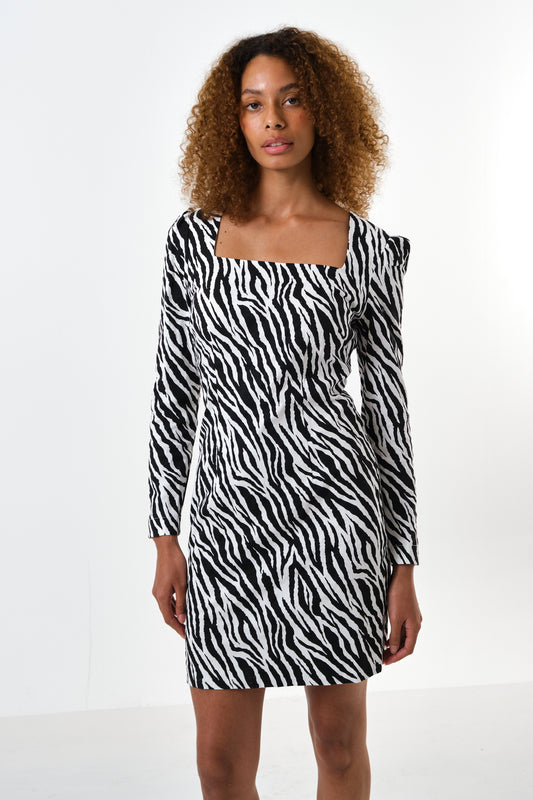 Anala Zebra Print Square Neck Long Sleeve Mini Dress