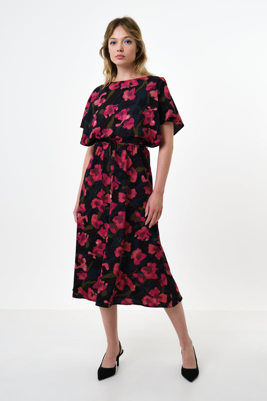 Basford Watermark Floral Print Cape Sleeve Midi Dress