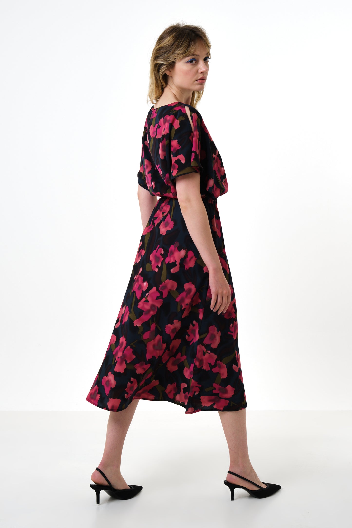 Basford Watermark Floral Print Cape Sleeve Midi Dress