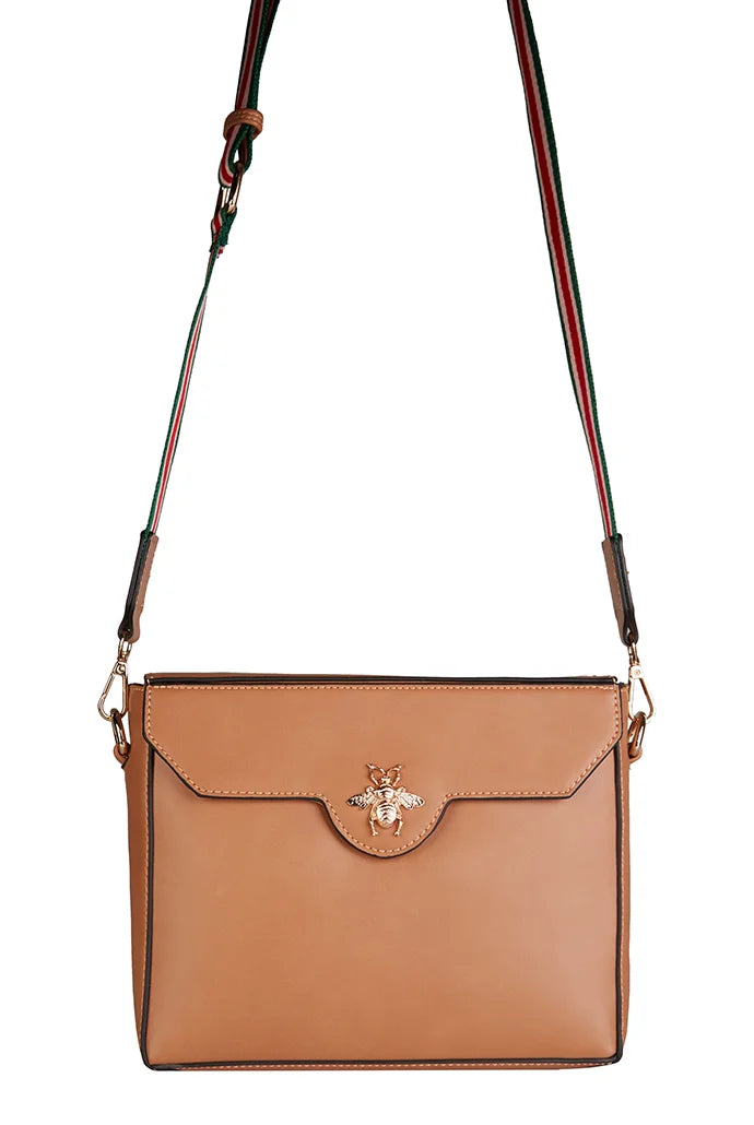 Bella Stripe Strap Crossbody Bag in Tan