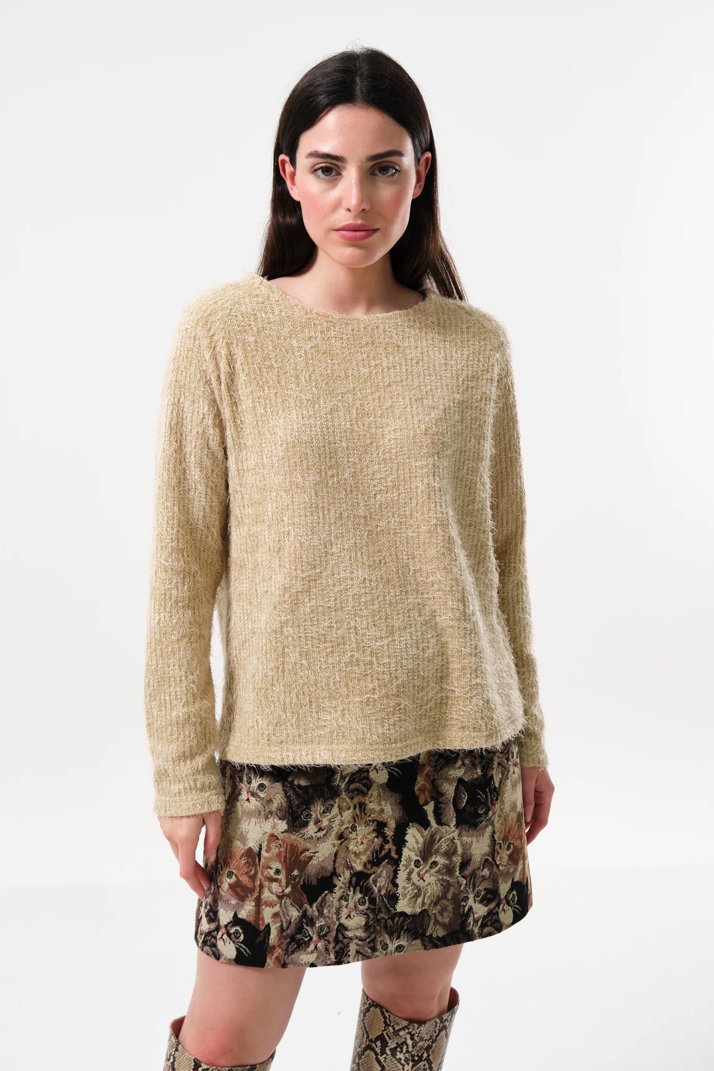 Blanka Eyelash Long Sleeve Beige Jumper