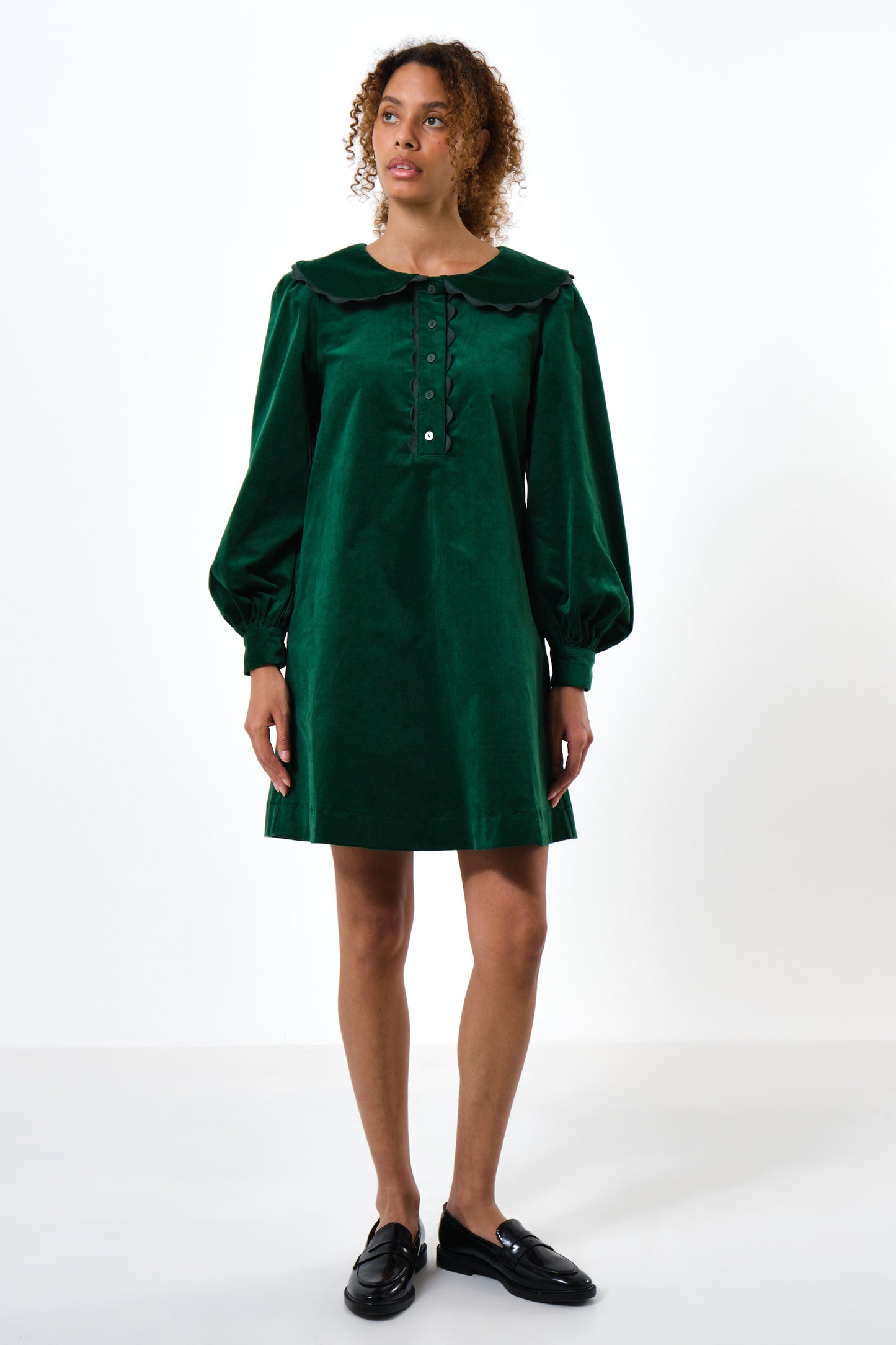 Bonny Babycord Long Sleeve Mini Dress - Dark Green