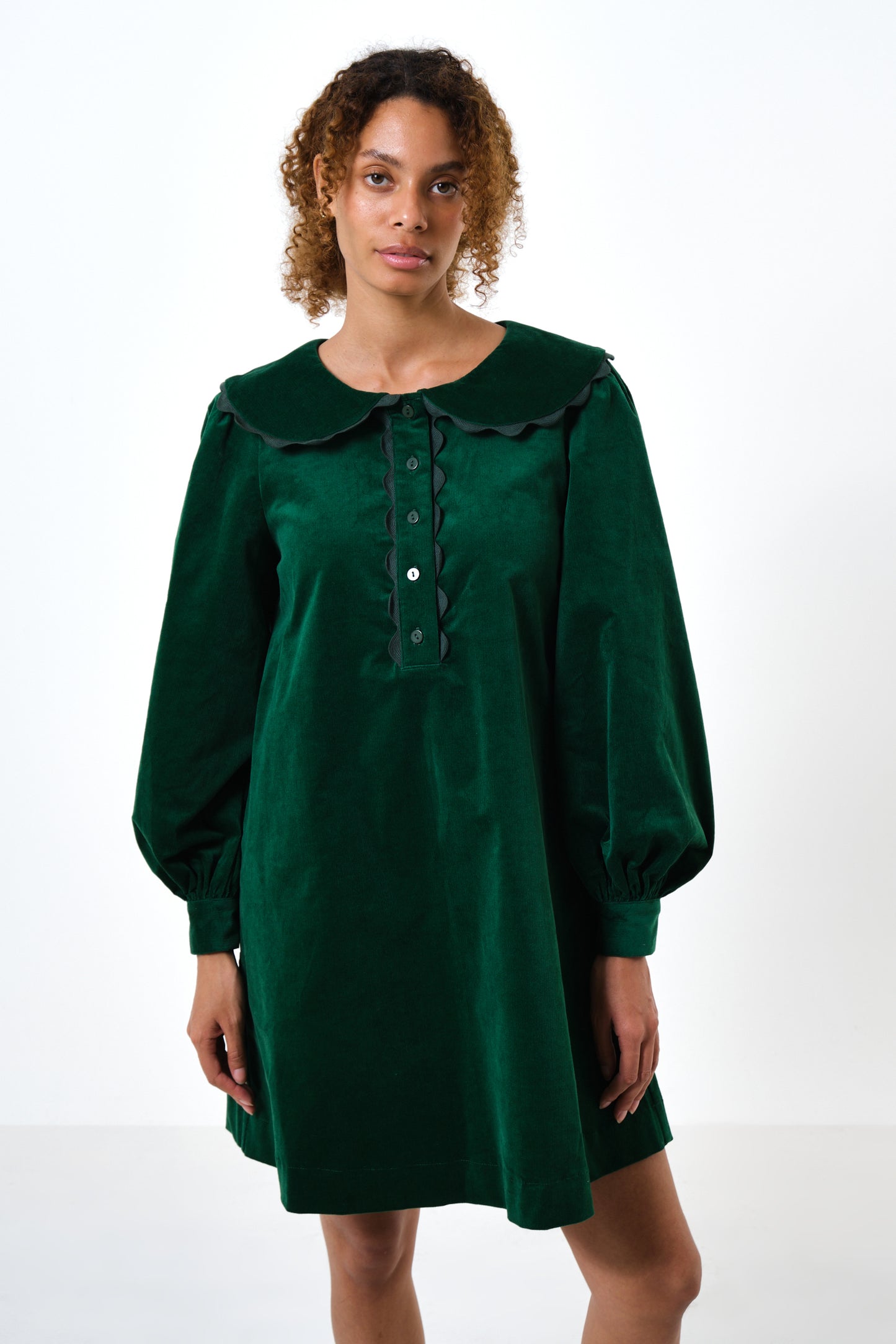 Bonny Babycord Long Sleeve Mini Dress - Dark Green