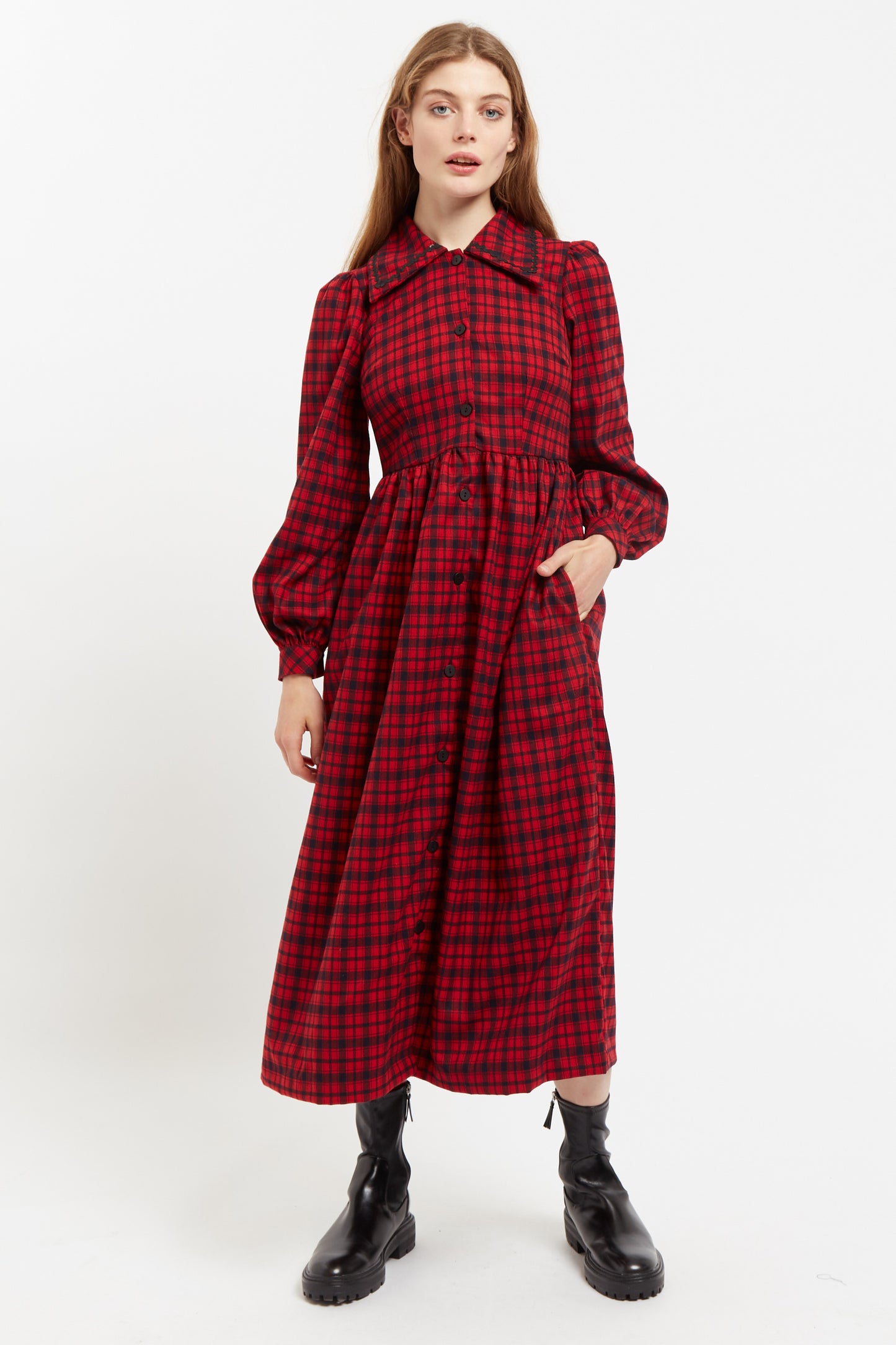 Louche Cailin Winter Gingham Midi Shirt Dress in Red and Black