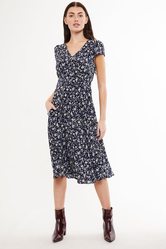 Cathleen Country Rose Print Midi Tea Dress