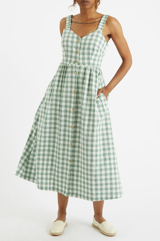 Clover Picnic Check Button Through Midi Sundress - Green