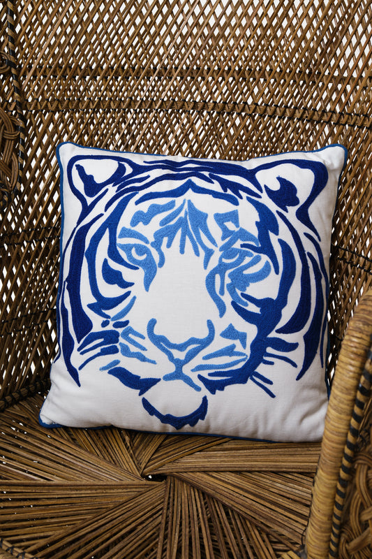 Blue Embroidered Tiger Cushion