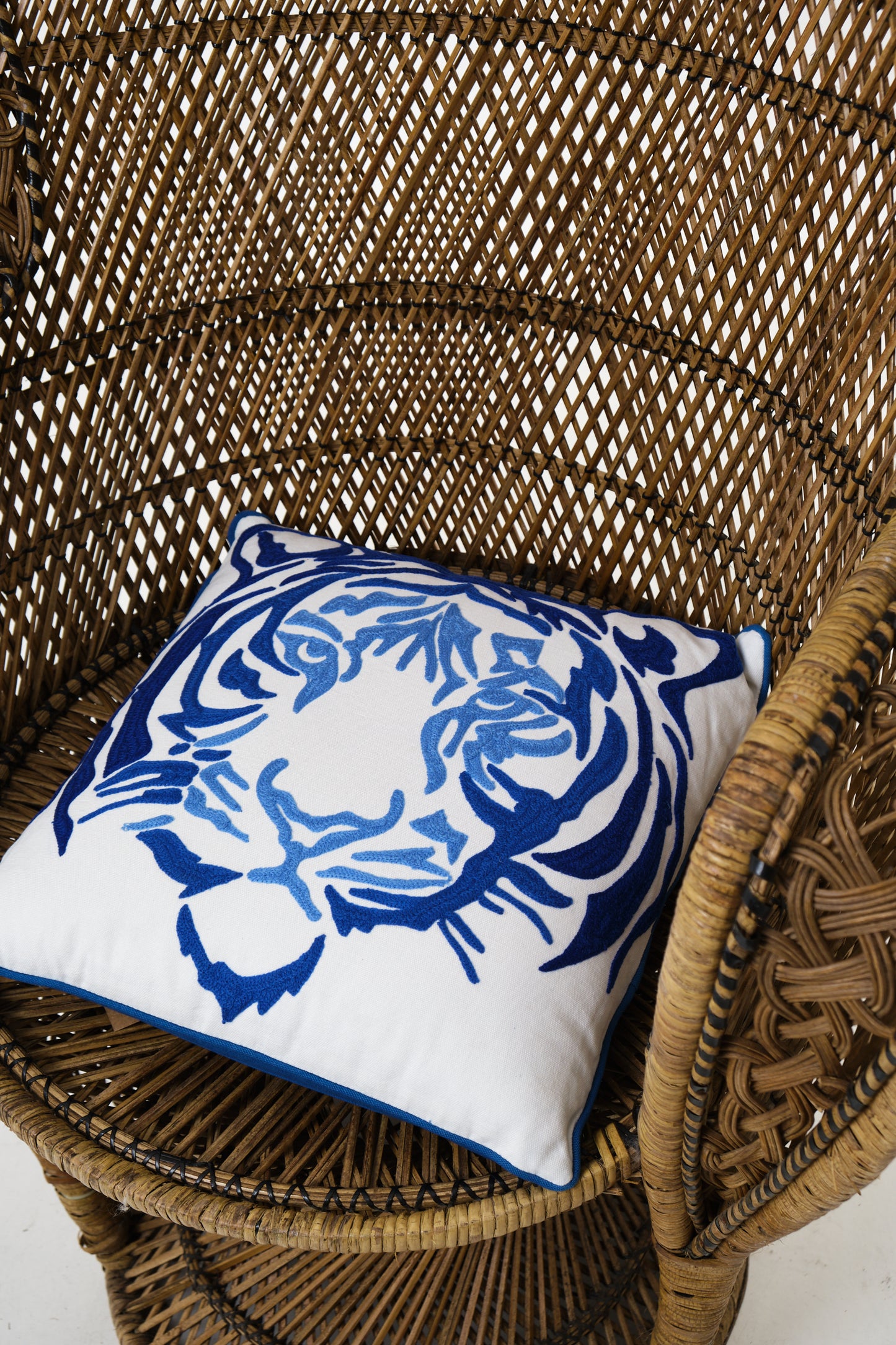 Blue Embroidered Tiger Cushion