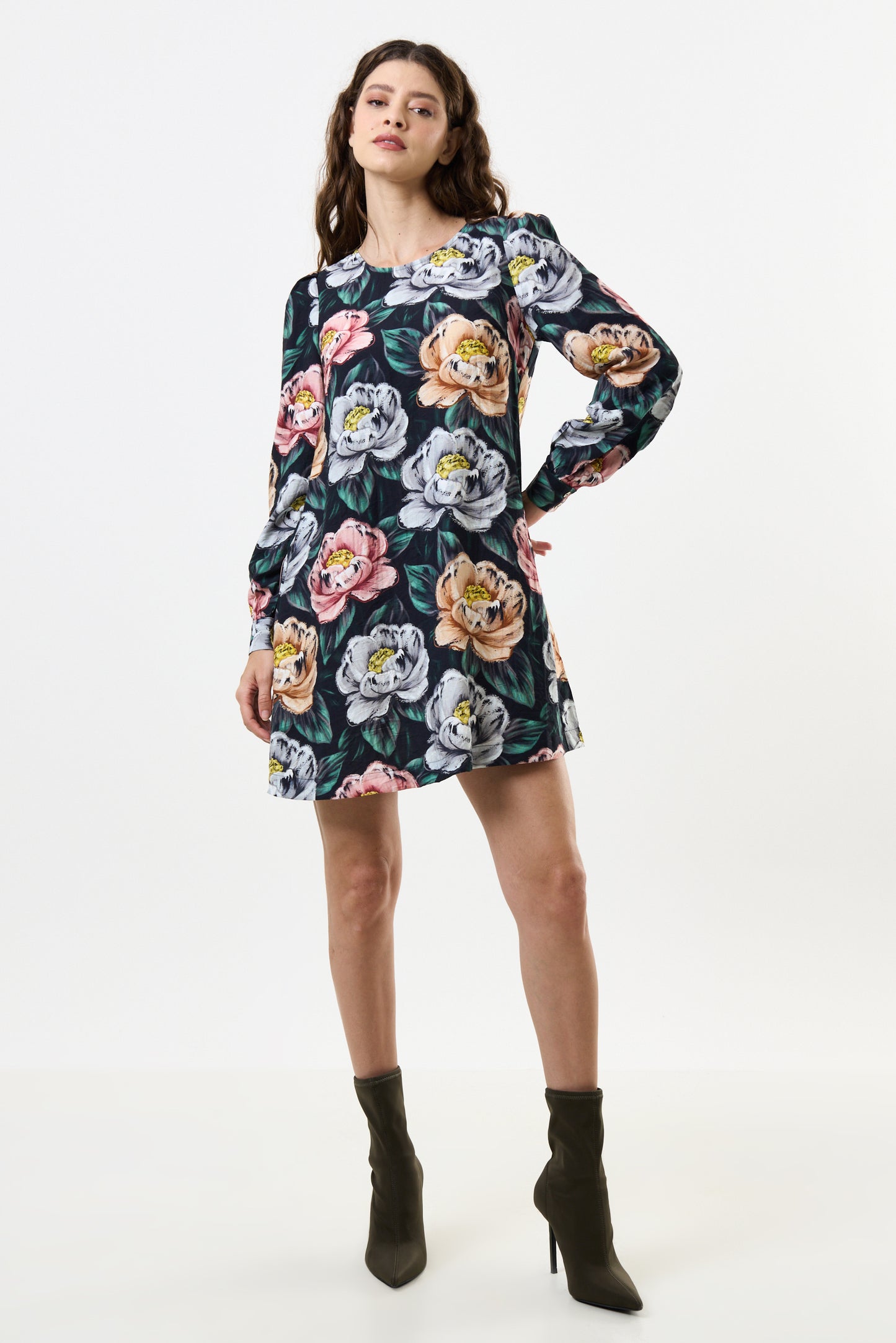 Didee Peonies Print Long Sleeve A-line Mini Dress - Black