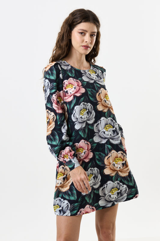 Didee Peonies Print Long Sleeve A-line Mini Dress - Black