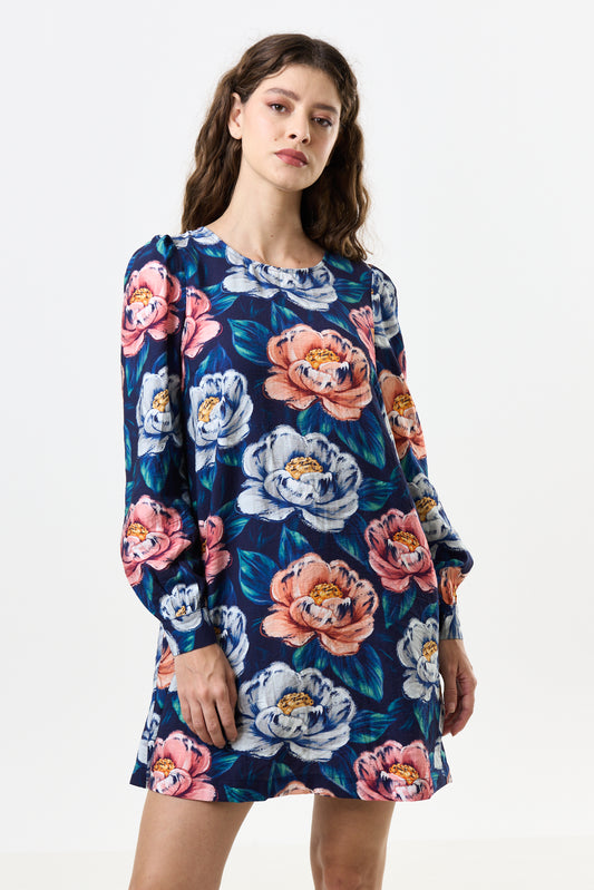 Didee Peonies Long Sleeve A-line Mini Dress - Navy