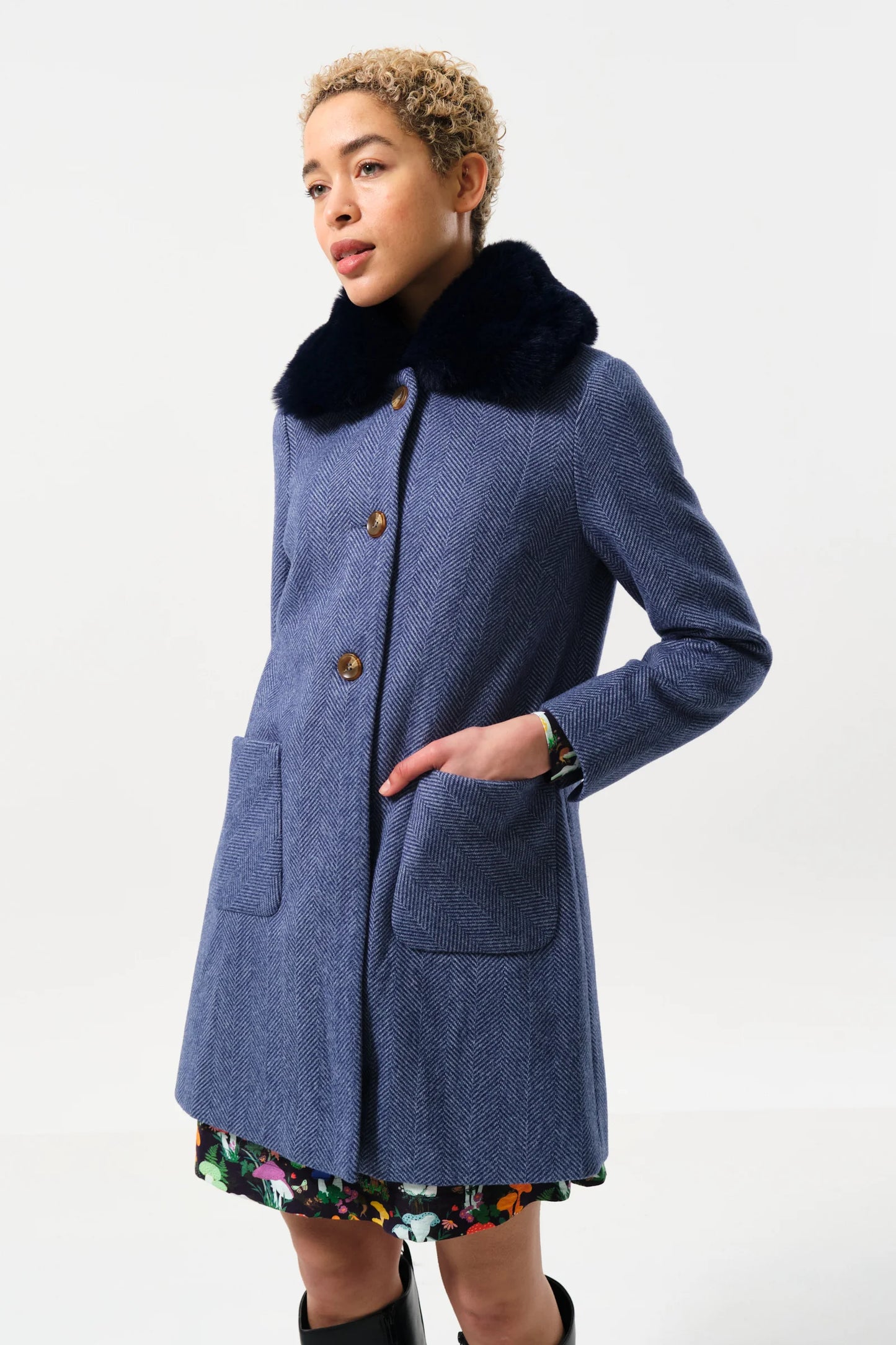 Dryden Herringbone Fur Collared Coat - Blue