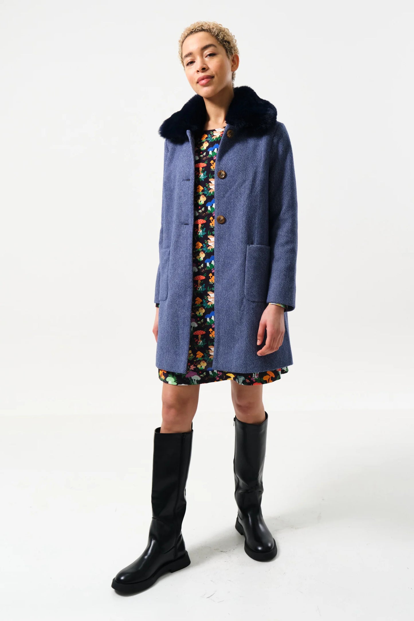 Dryden Herringbone Fur Collared Coat - Blue