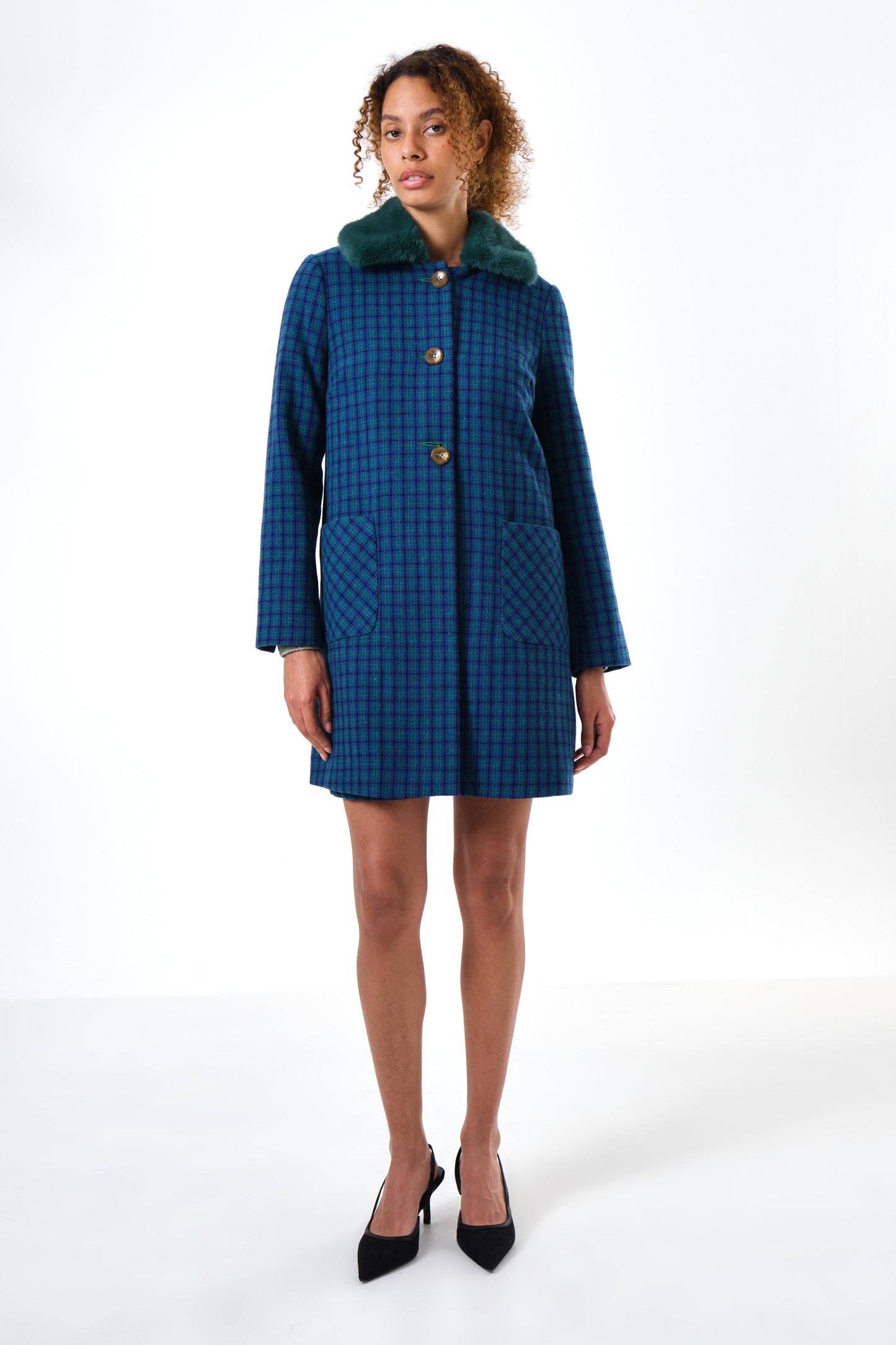 Dryden Wyoming Check Faux Fur Collar Coat - Blue