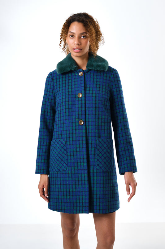 Dryden Wyoming Check Faux Fur Collar Coat - Blue