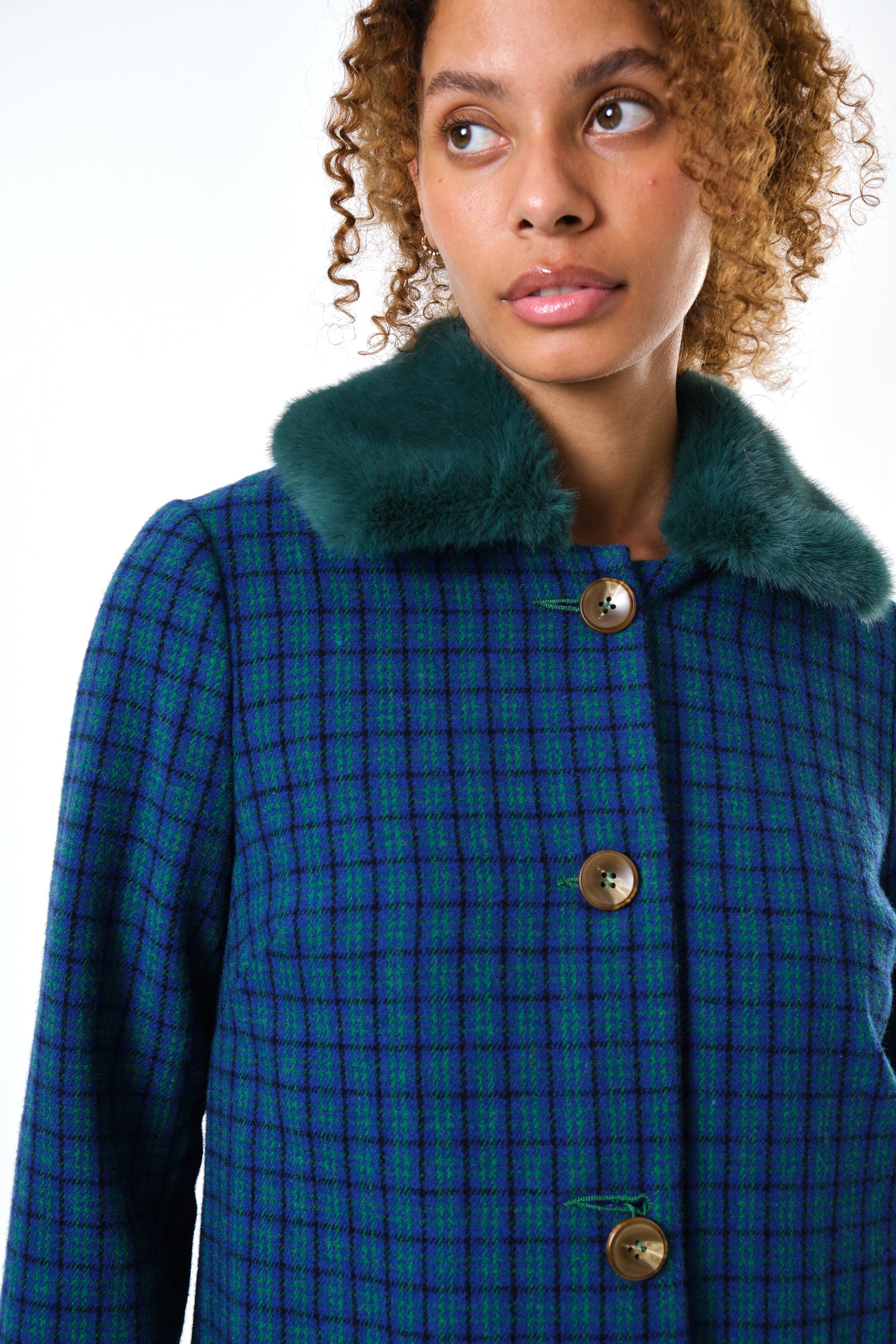 Dryden Wyoming Check Faux Fur Collar Coat - Blue