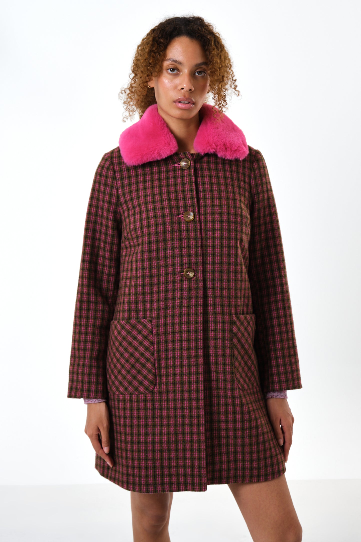 Dryden Wyoming Check Faux Fur Collar Coat - Pink