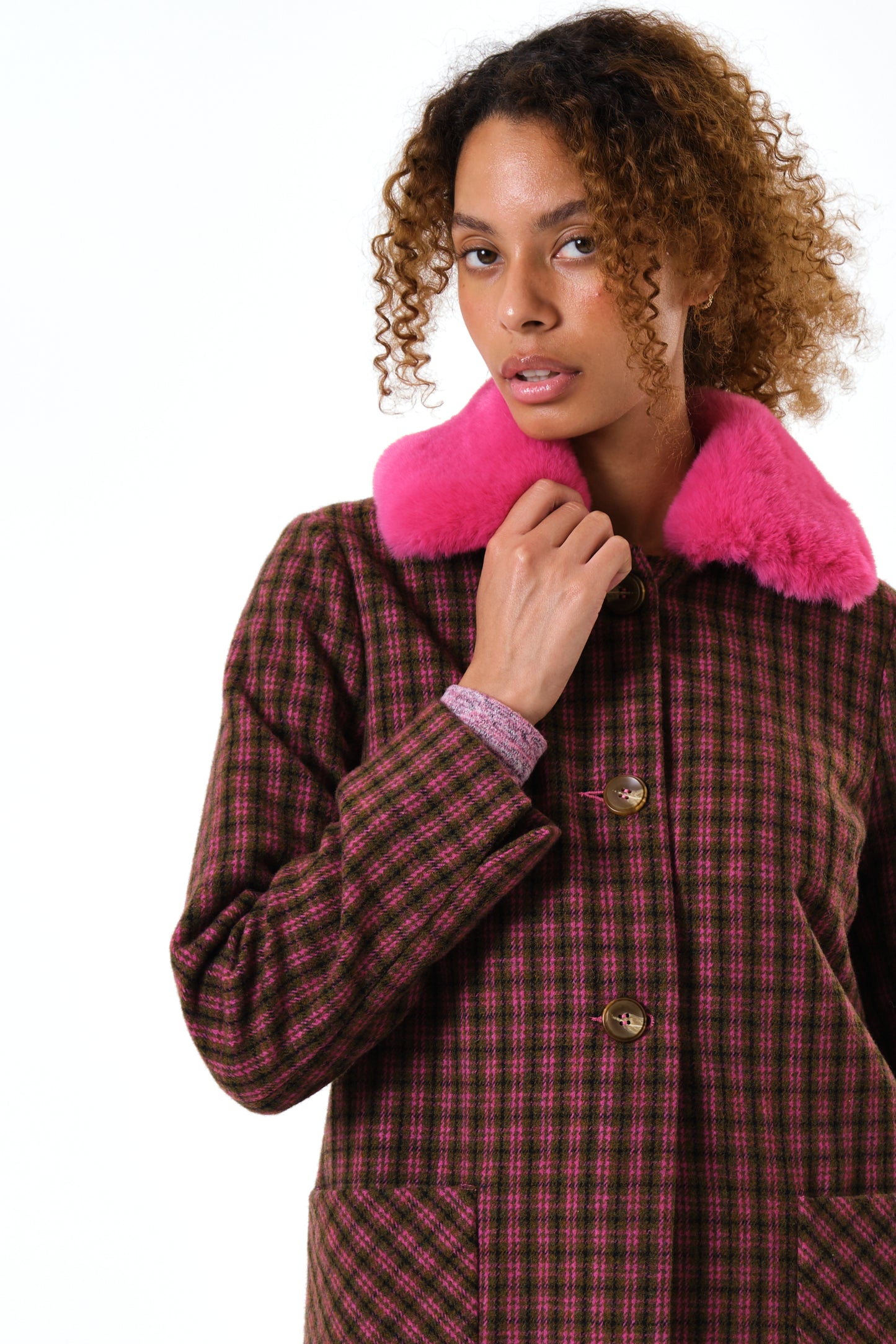 Dryden Wyoming Check Faux Fur Collar Coat - Pink