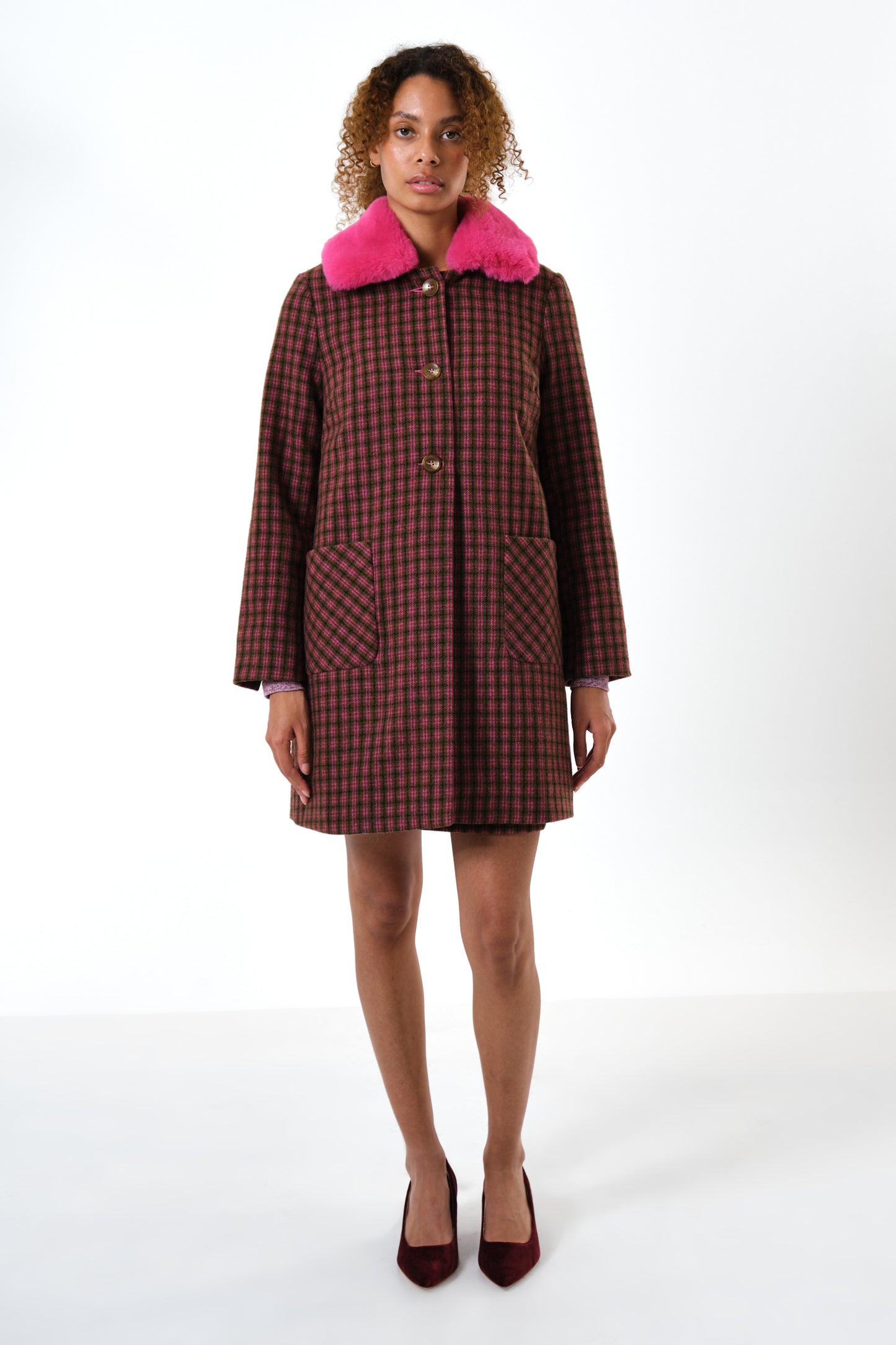 Dryden Wyoming Check Faux Fur Collar Coat - Pink