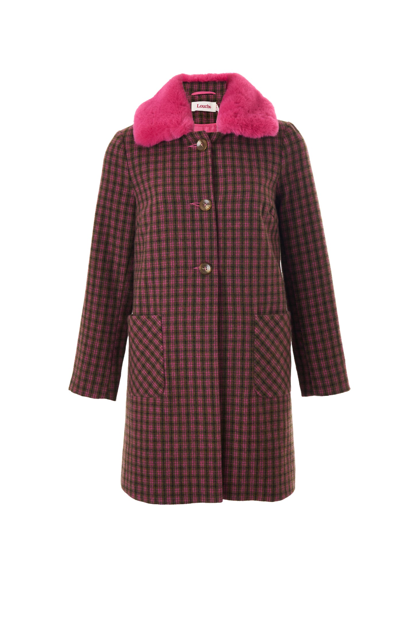 Dryden Wyoming Check Faux Fur Collar Coat - Pink