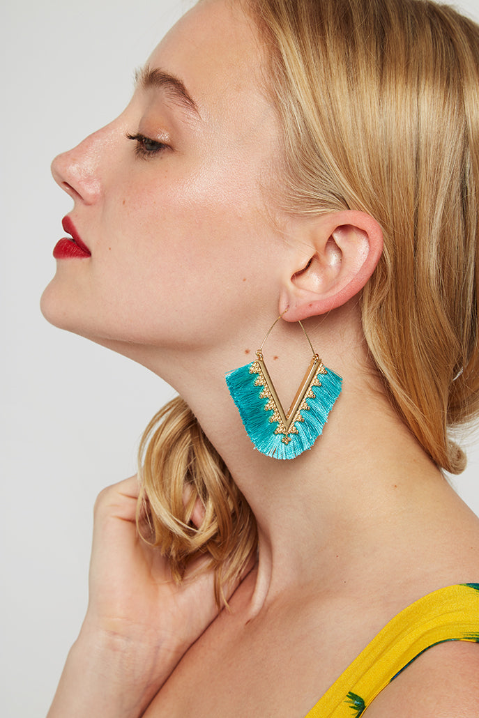 Edna V-Shape Silk Tassel Hoop Earrings - Turquoise