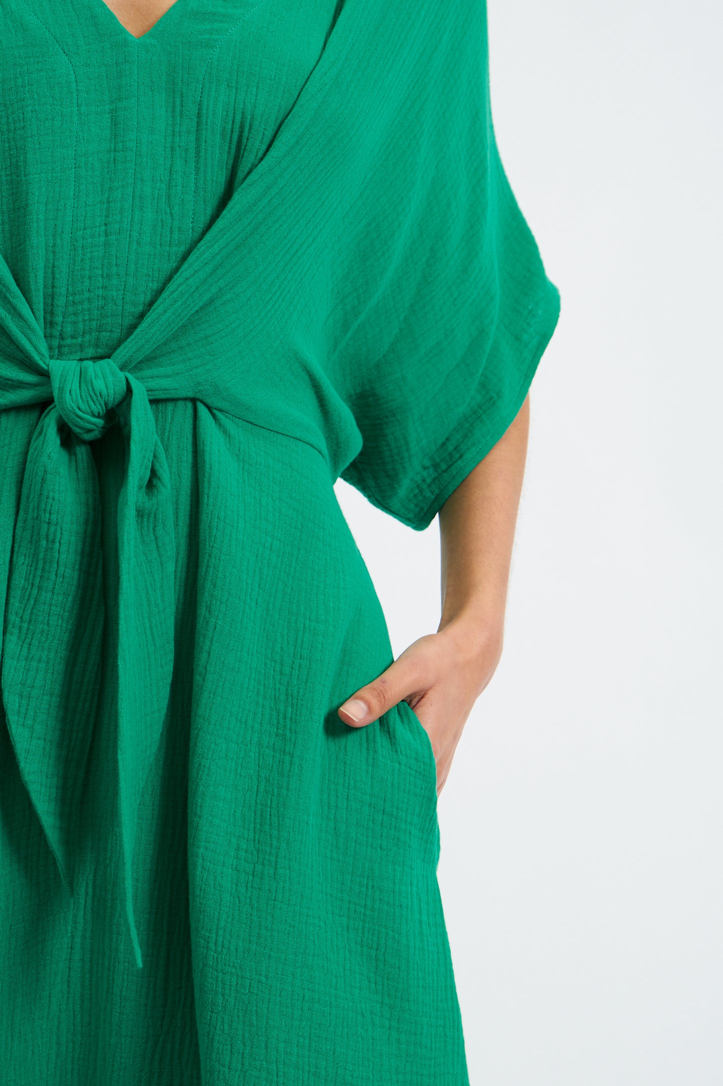 Elody Double Gauze Tie Waist Midi Dress - Green