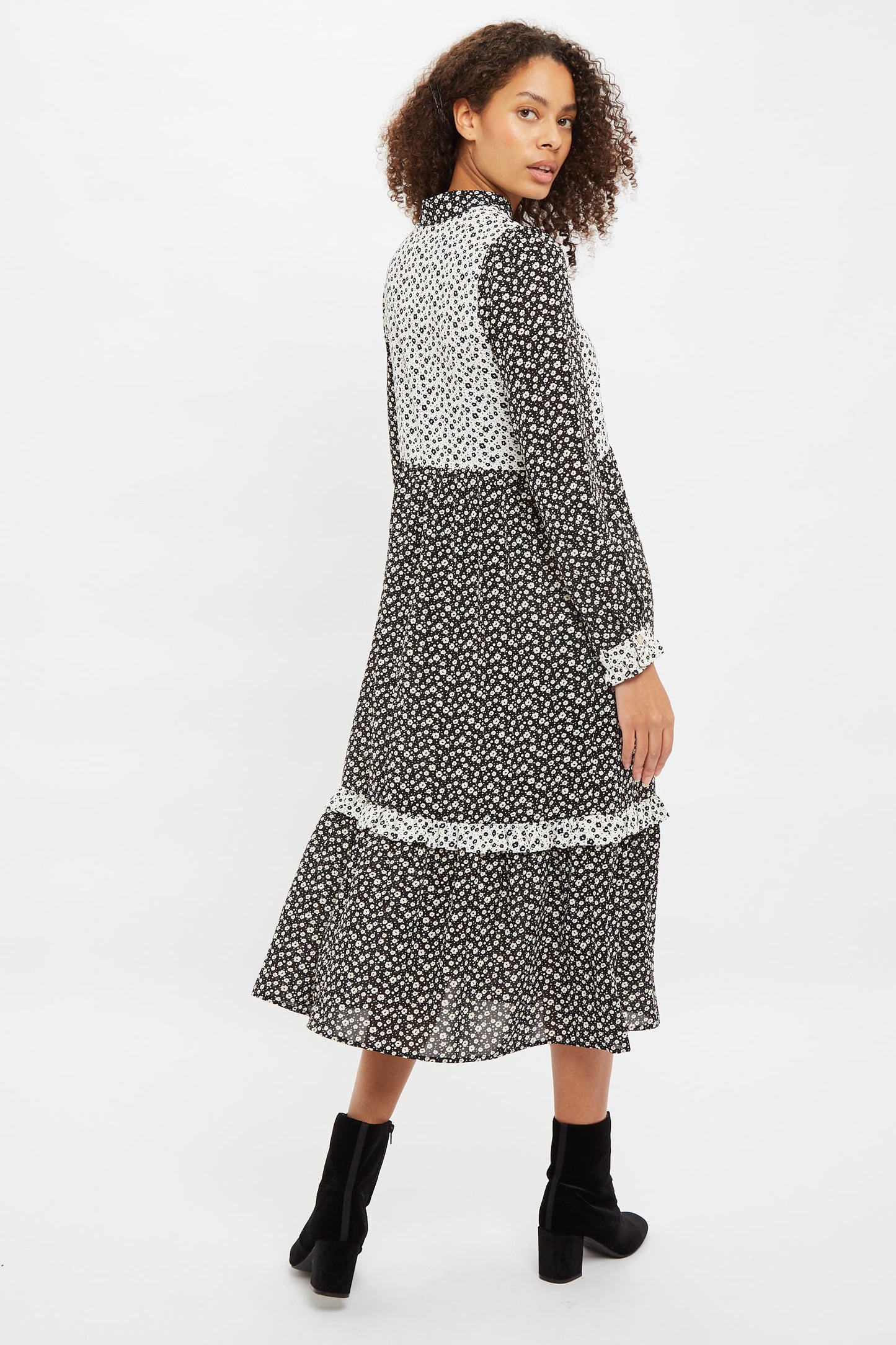 Louche Elsie Flower Spot Print Mix And Match Long Sleeve Tie Midi Dress