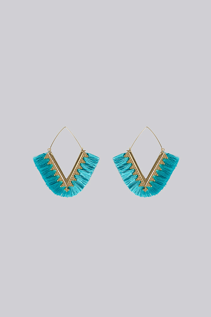 Edna V-Shape Silk Tassel Hoop Earrings - Turquoise