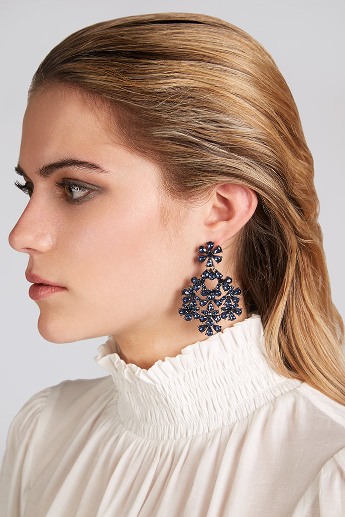 Evie Floral Drop Oversized Navy Stone Earrings