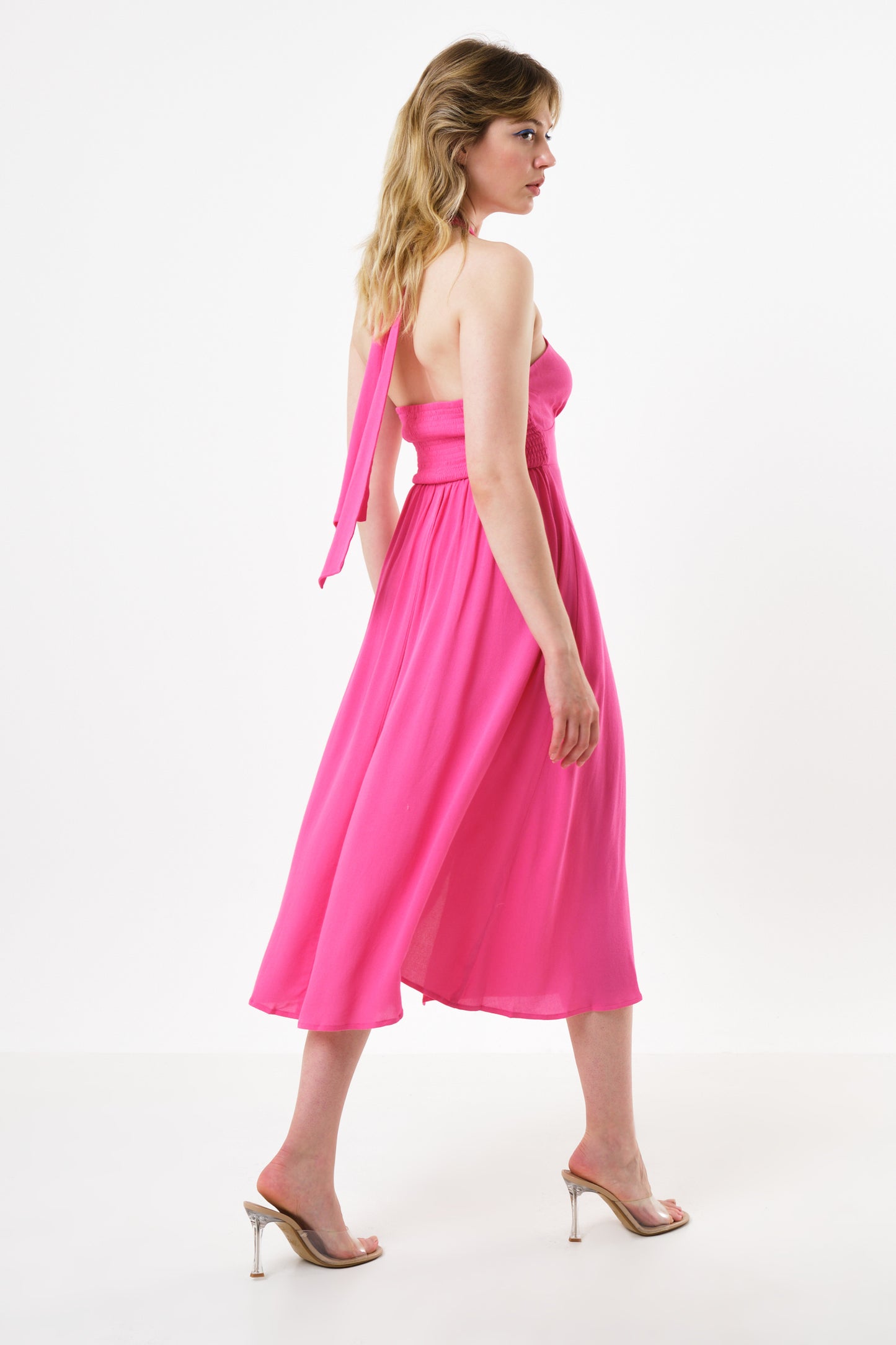 Geri Moss Crepe Halter Neck Midi Dress Pink