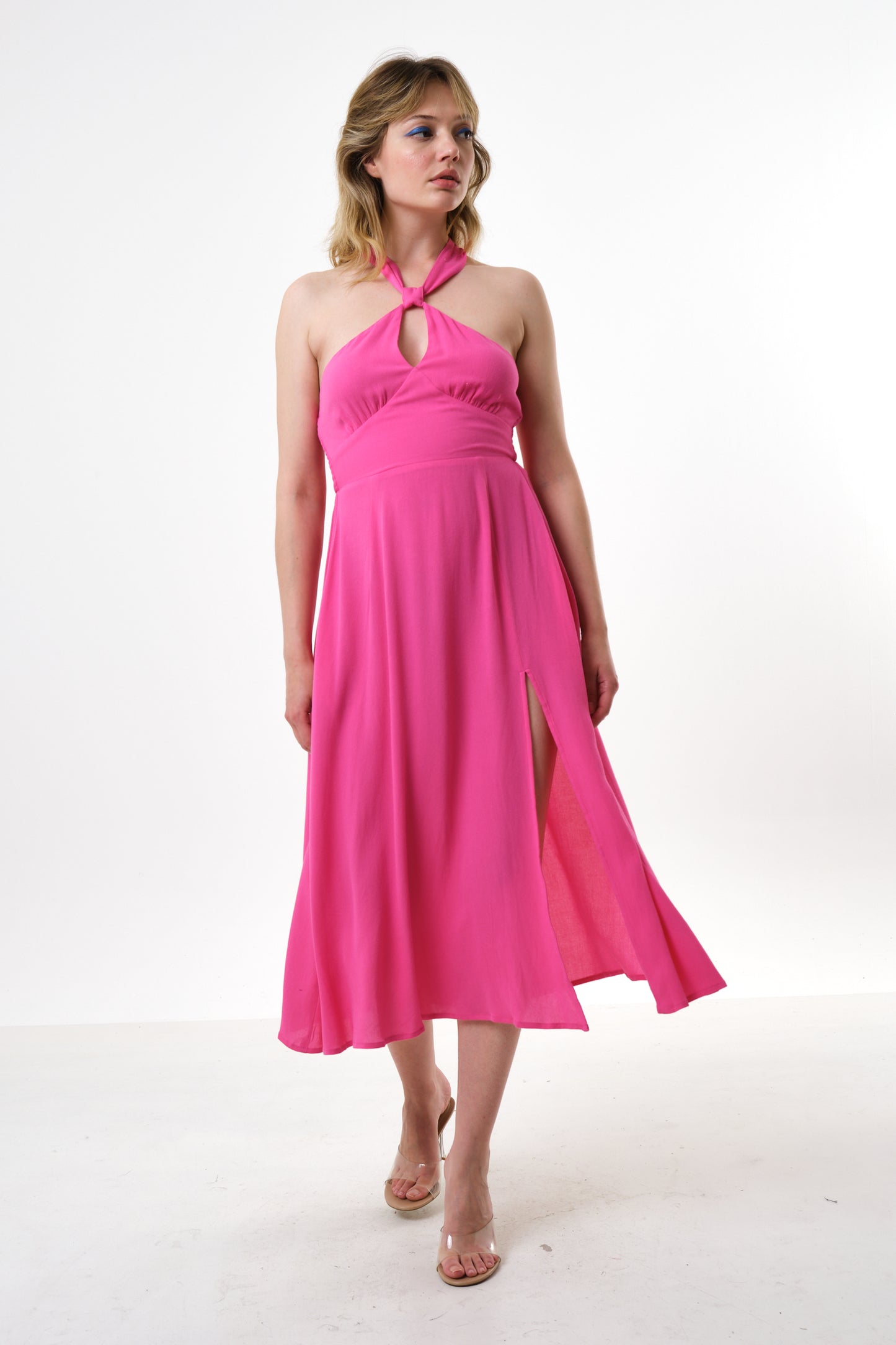 Geri Moss Crepe Halter Neck Midi Dress Pink