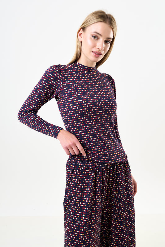 Gilly Retro Dots Print Long Sleeve Top