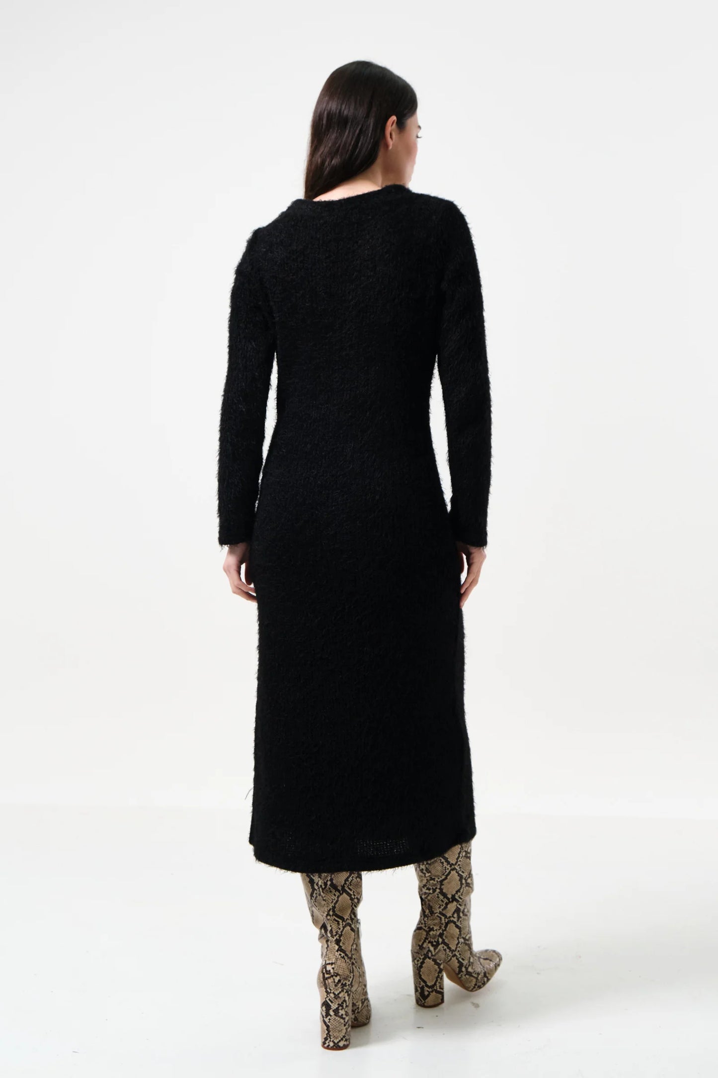 Guila Eyelash Rib Long Sleeve Midi Dress - Black