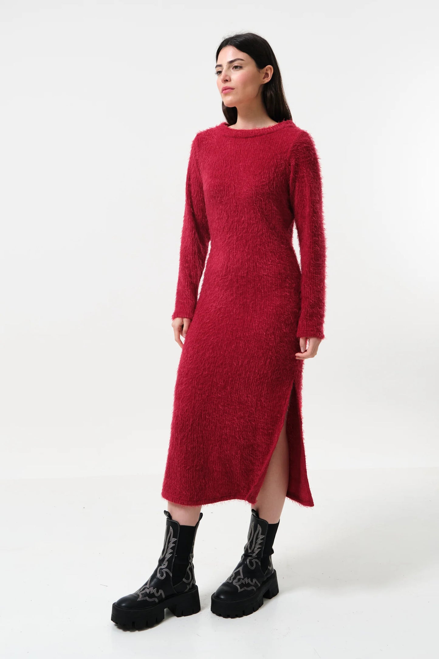 Guila Eyelash Rib Long Sleeve Midi Dress - Red