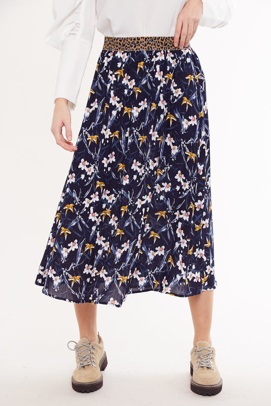 Hanan Swallow Print Elastic Waist Midi Skirt