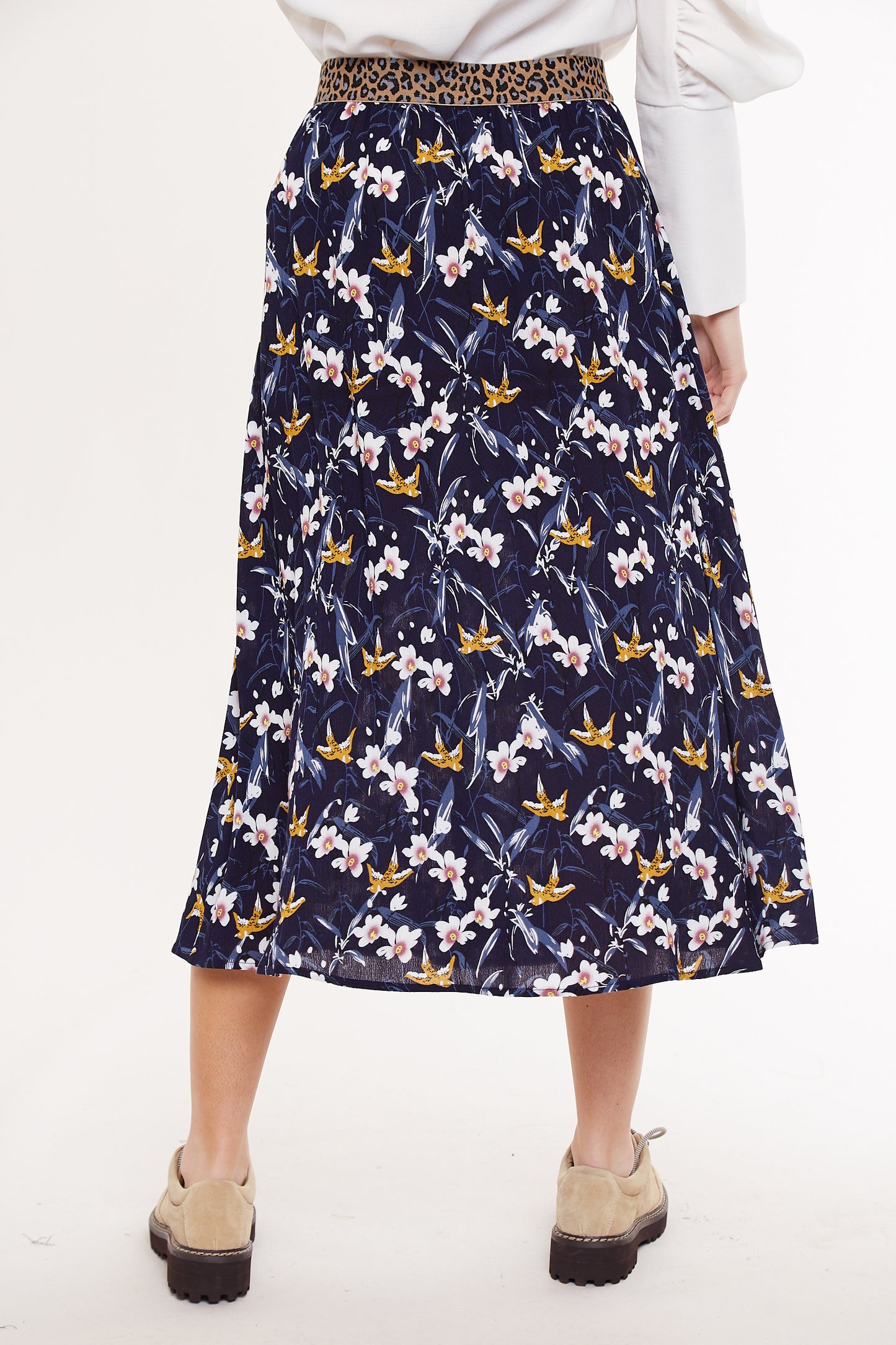 Hanan Swallow Print Elastic Waist Midi Skirt