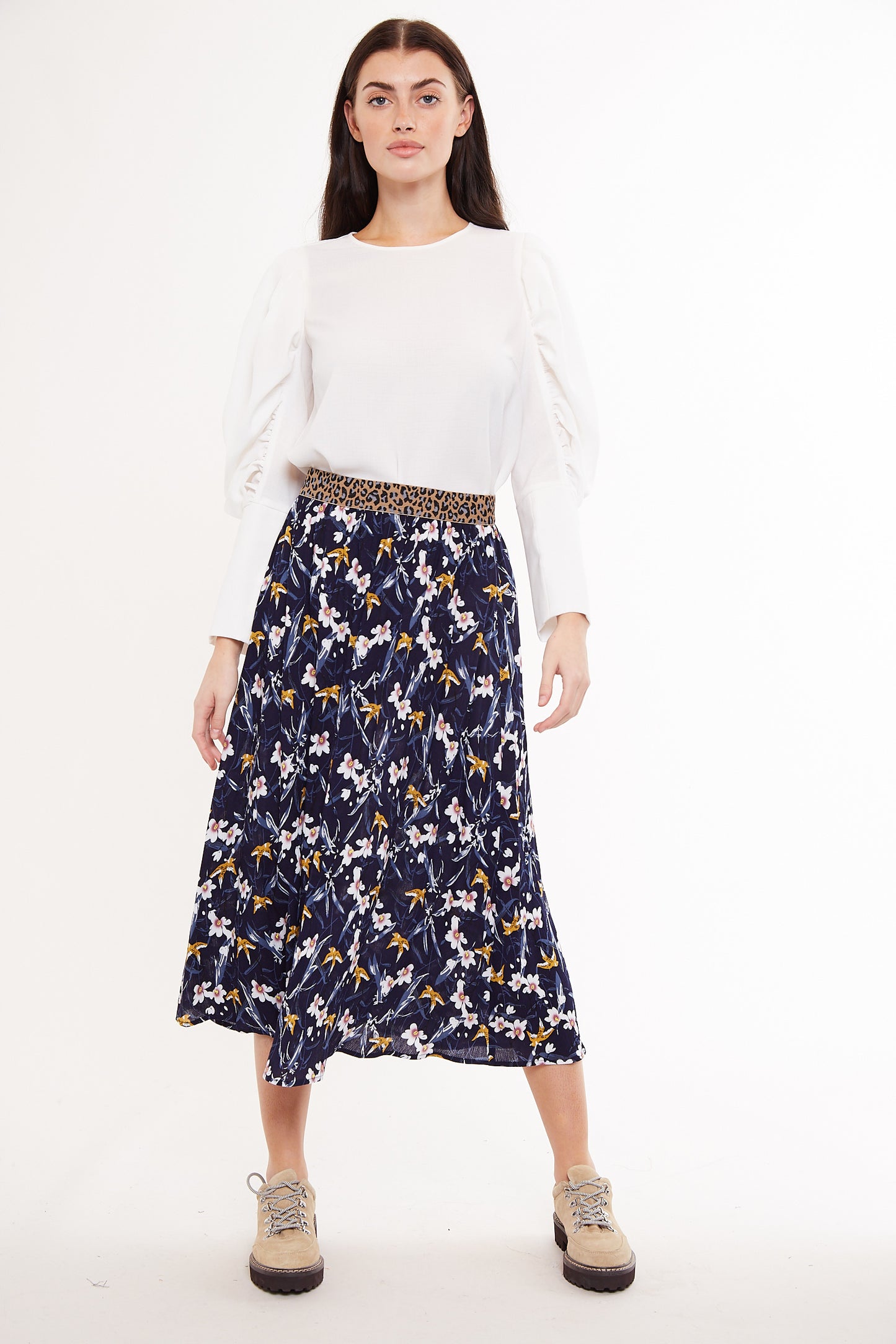 Hanan Swallow Print Elastic Waist Midi Skirt