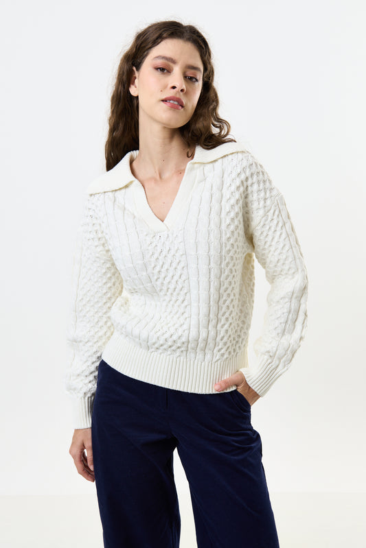 Jamie Cable Collar Jumper - Off White