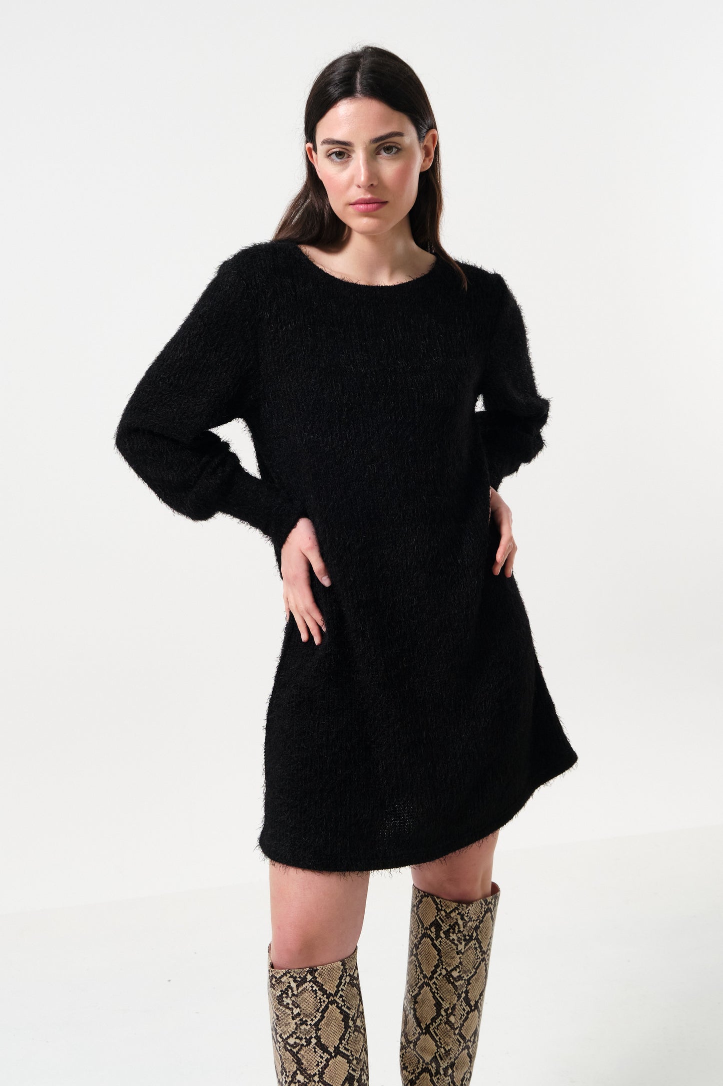 Jenyfer Eyelash Rib Long Sleeve Mini Dress - Black