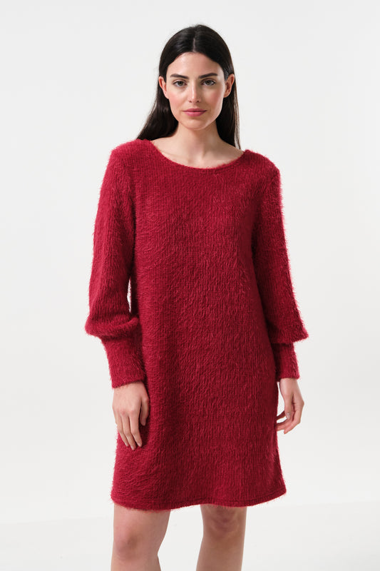 Jenyfer Eyelash Rib Long Sleeve Mini Dress - Red