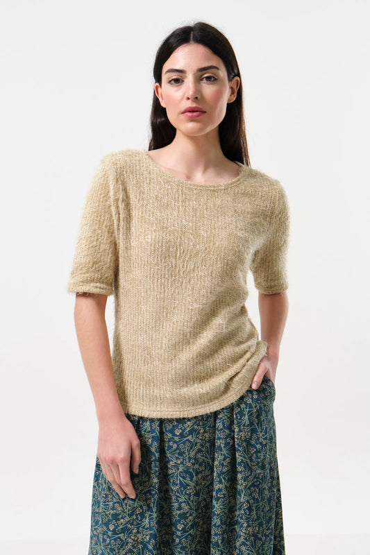 Laureen Eyelash Rib Short Sleeve Jumper - Beige