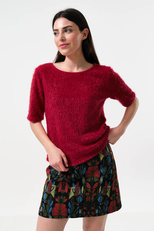 Laureen Eyelash Rib Short Sleeve Jumper - Red