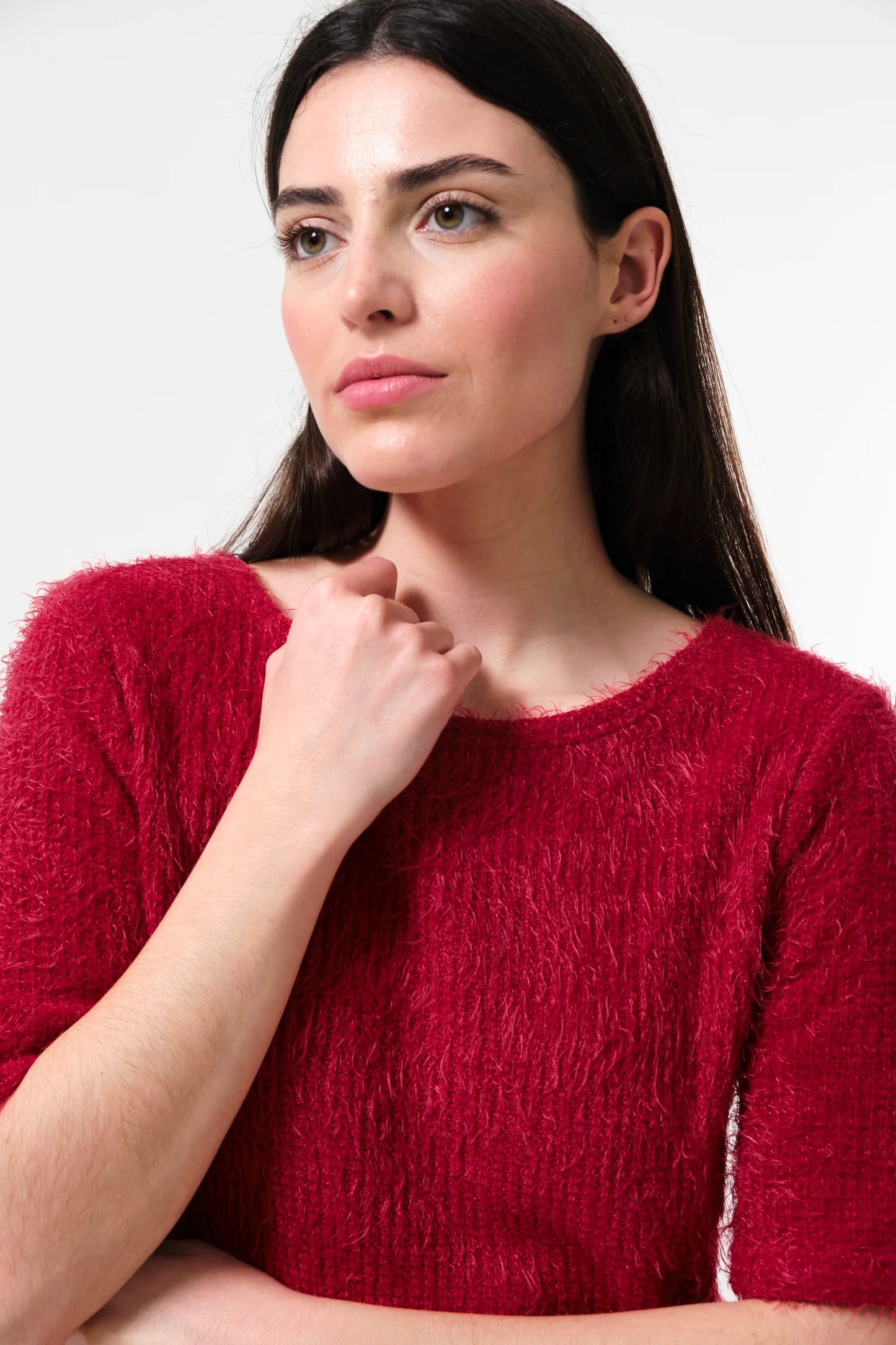 Laureen Eyelash Rib Short Sleeve Jumper - Red