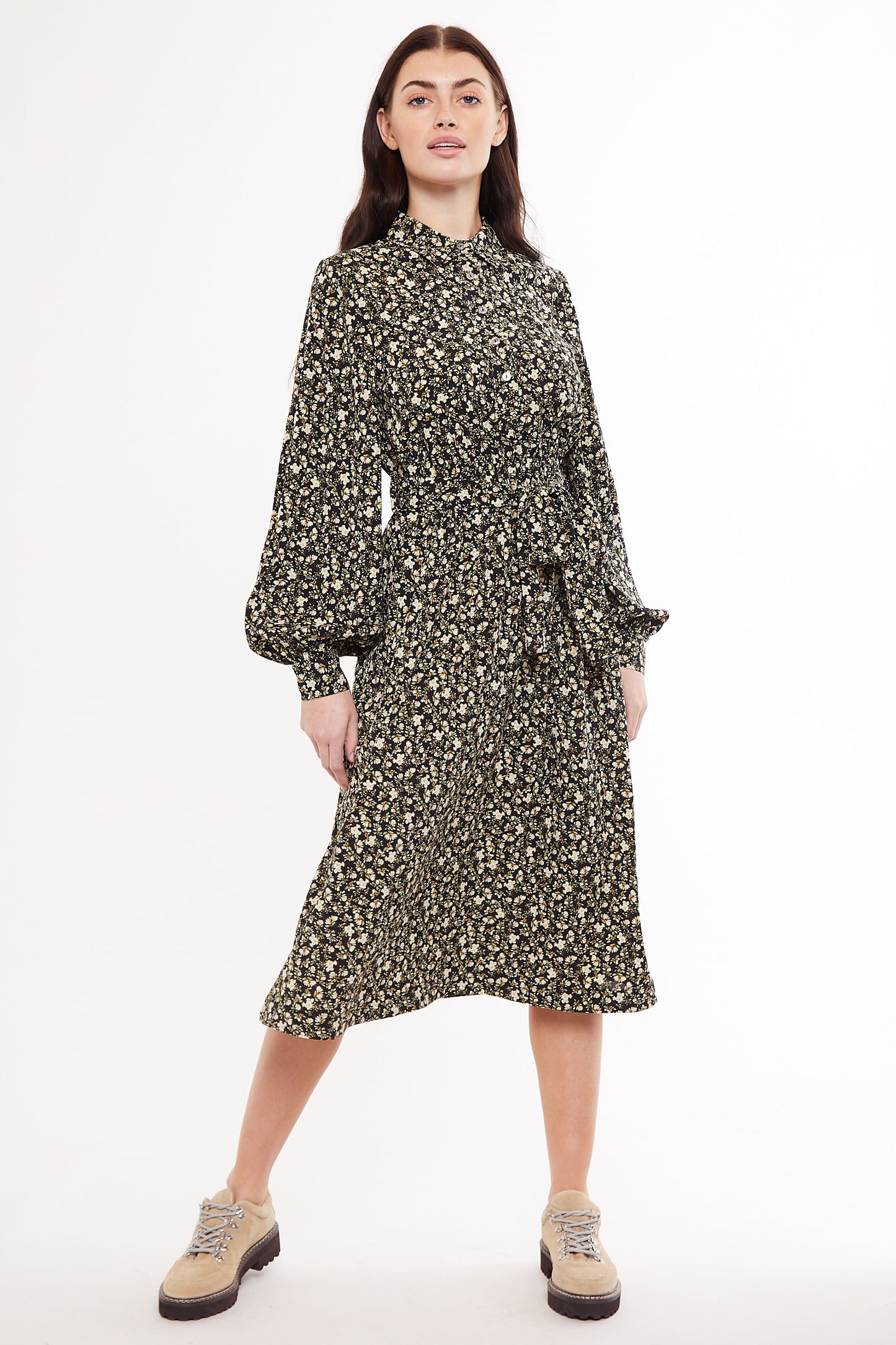 Leonie Winter Garden Print Long Sleeved Midi Shirt Dress